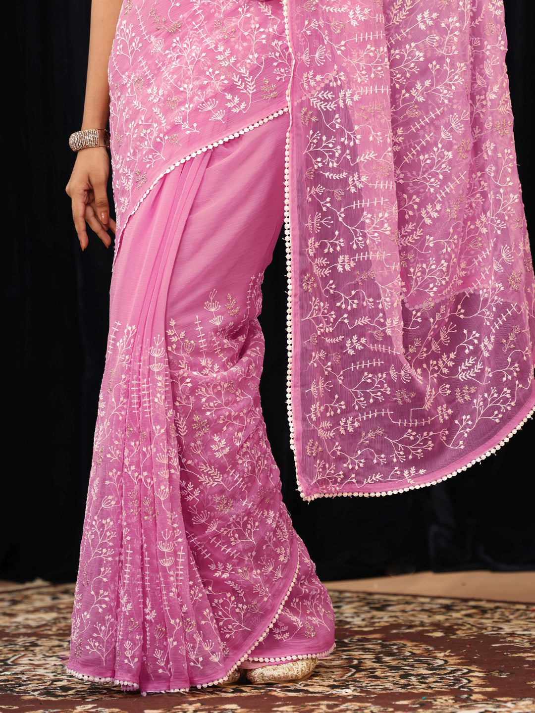  Peony Pink Floral Embroidered Chiffon Saree 