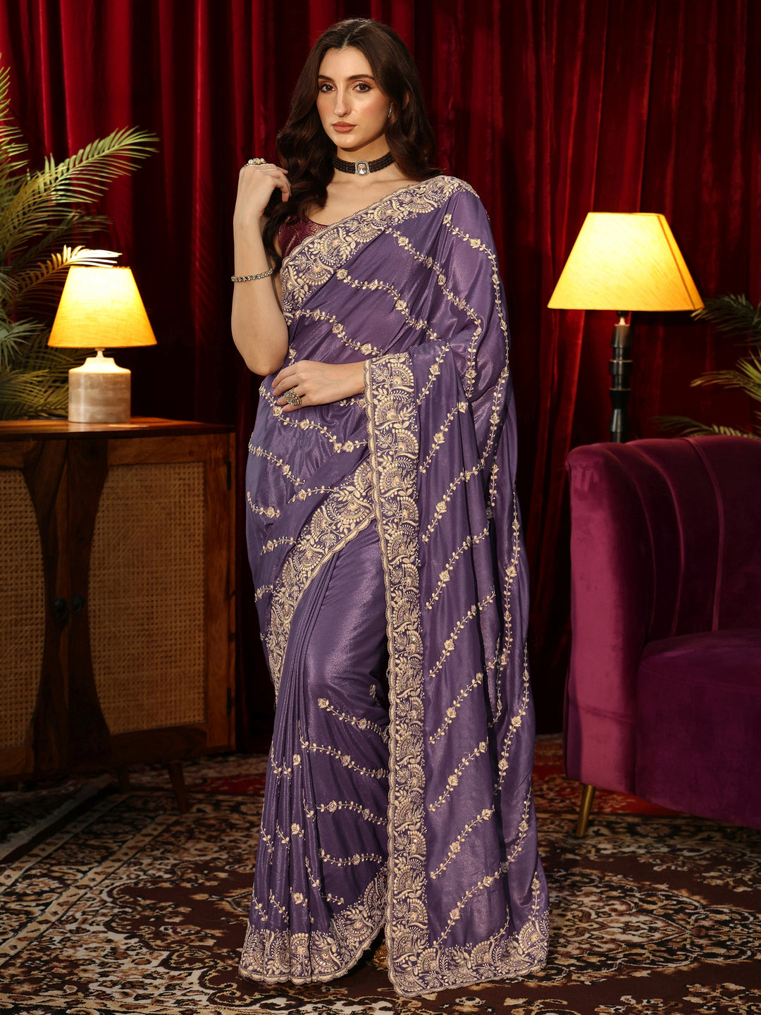  Pansy Purple Floral Embroidered Satin Saree 