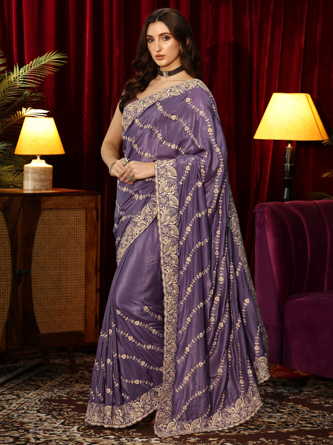 Pansy Purple Floral Embroidered Satin Saree 