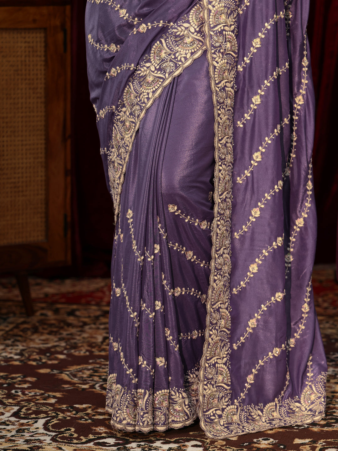  Pansy Purple Floral Embroidered Satin Saree 