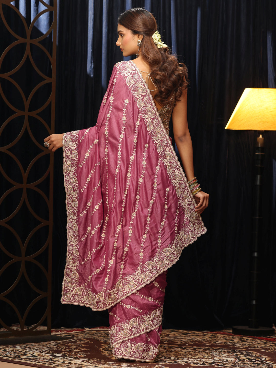  Mauve Floral Embroidered Satin Saree 