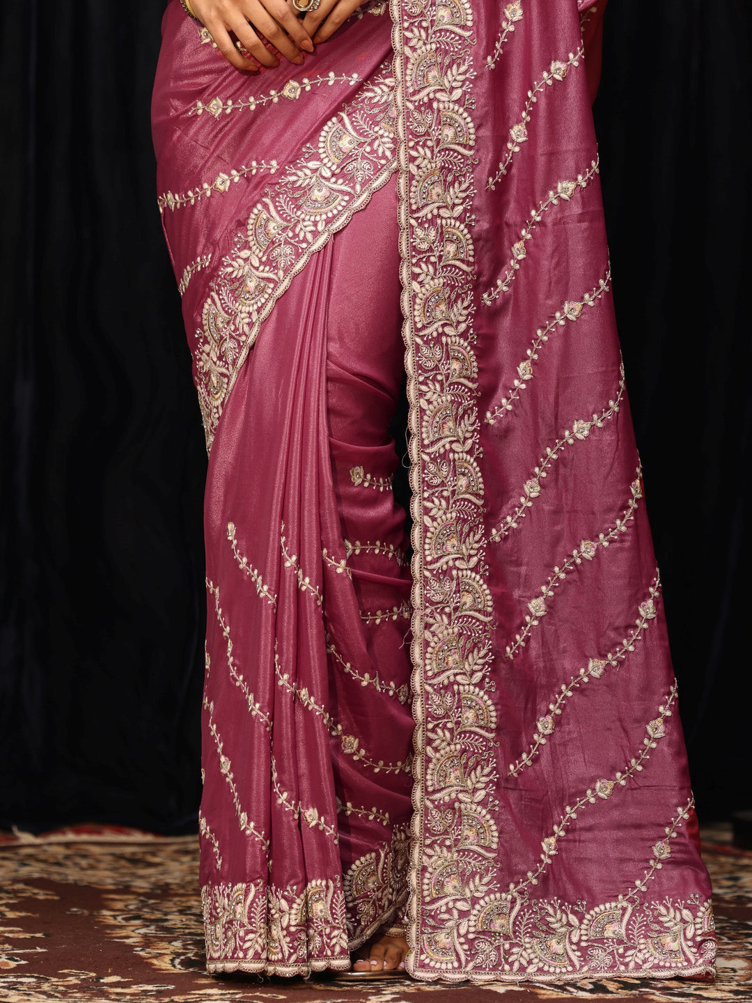  Mauve Floral Embroidered Satin Saree 