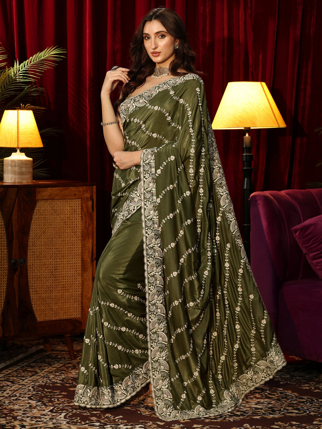  Henna Green Floral Embroidered Satin Saree 