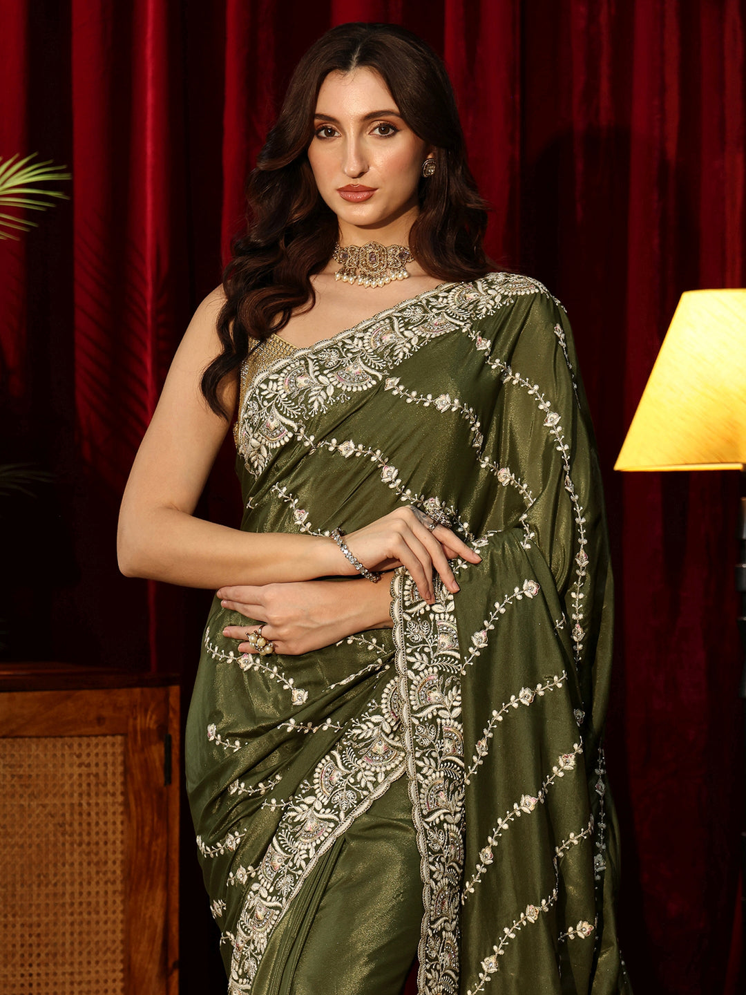  Henna Green Floral Embroidered Satin Saree 