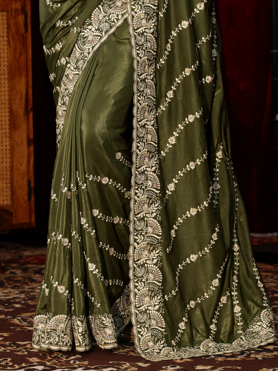  Henna Green Floral Embroidered Satin Saree 