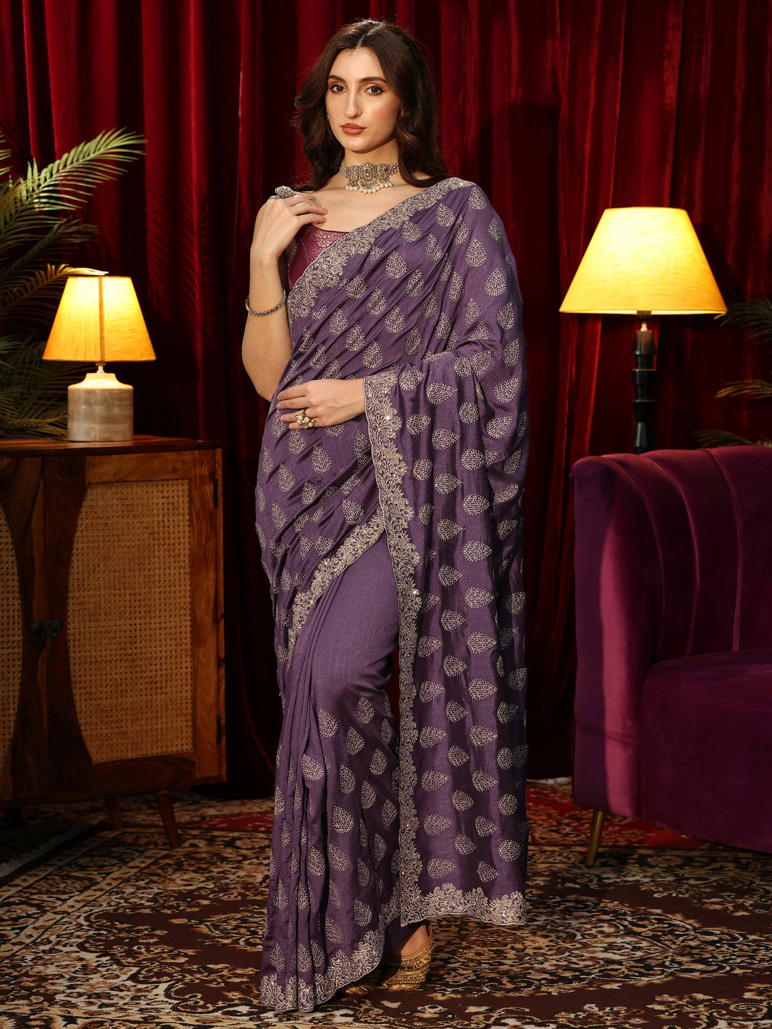  Dark Purple Floral Embroidered Silk Blend Saree 