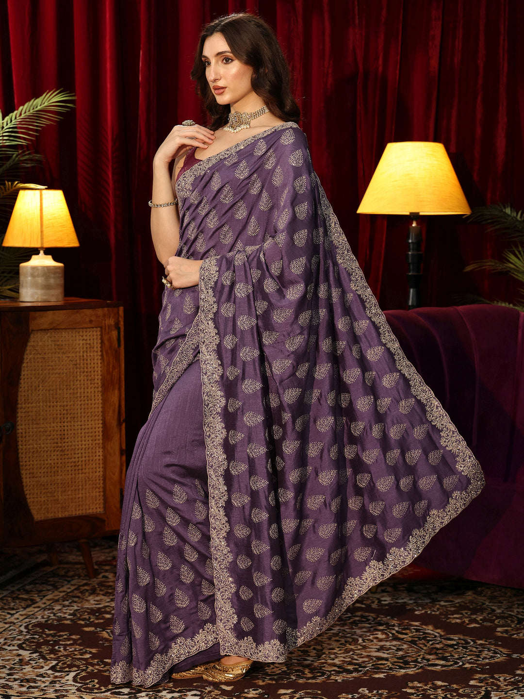  Dark Purple Floral Embroidered Silk Blend Saree 