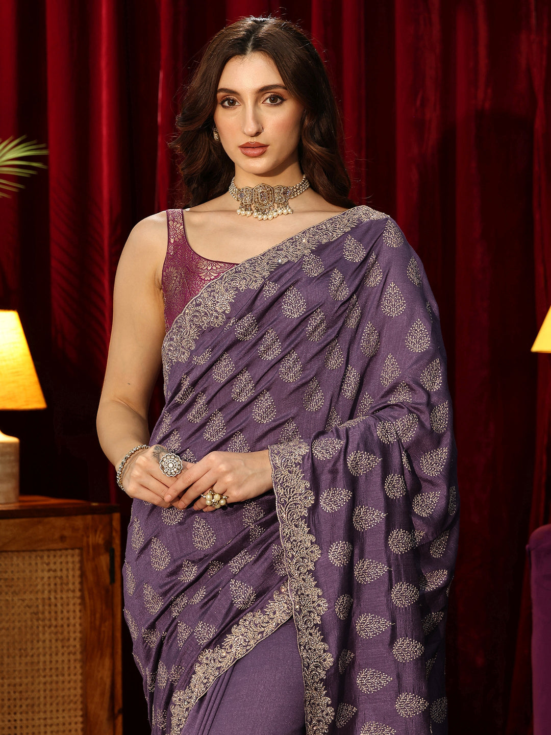  Dark Purple Floral Embroidered Silk Blend Saree 