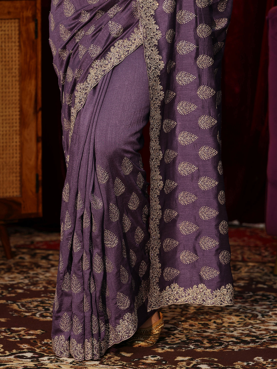  Dark Purple Floral Embroidered Silk Blend Saree 
