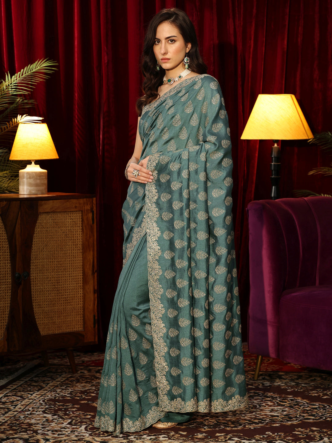  Teal Green Floral Embroidered Silk Blend Saree 