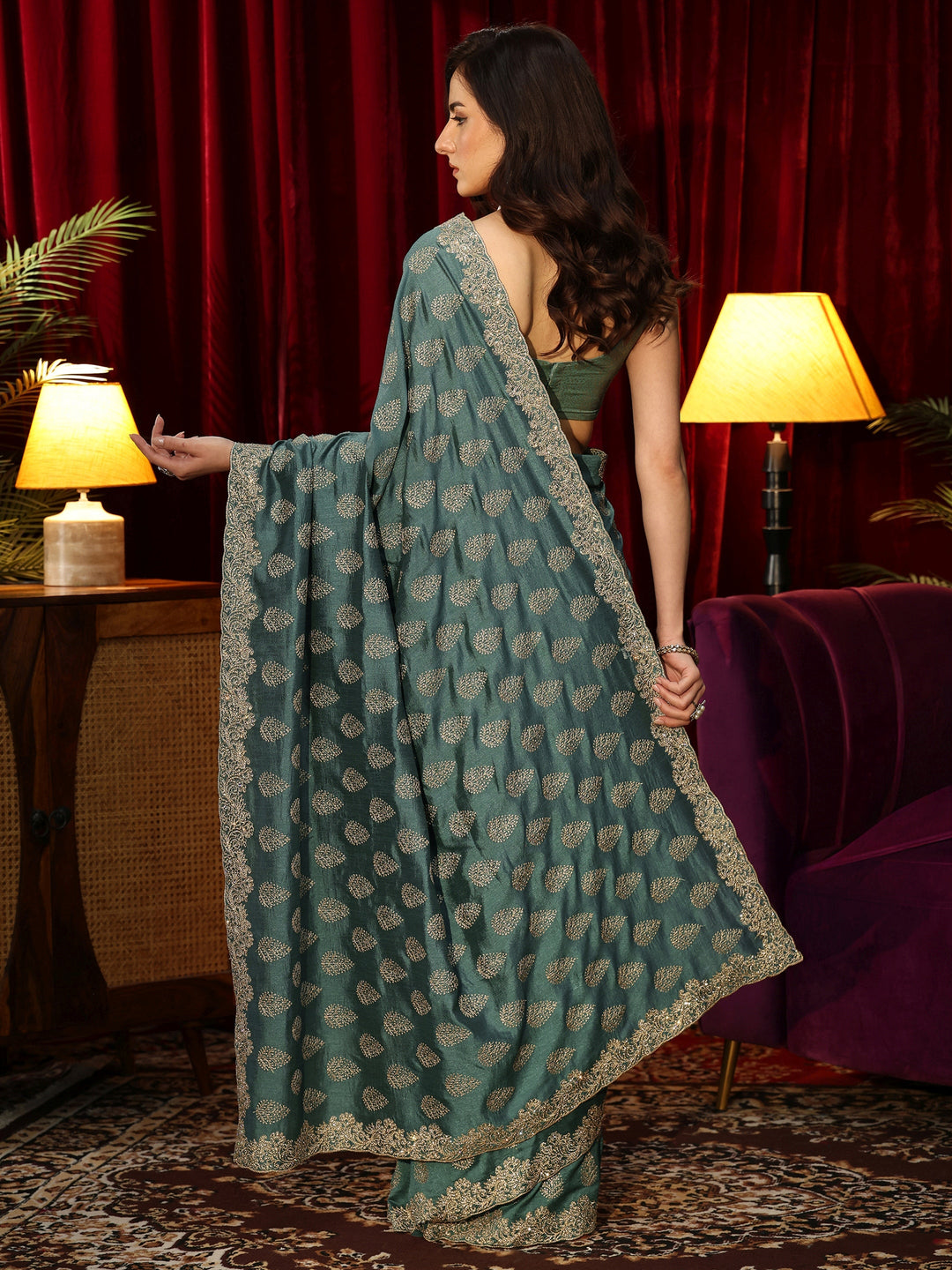  Teal Green Floral Embroidered Silk Blend Saree 