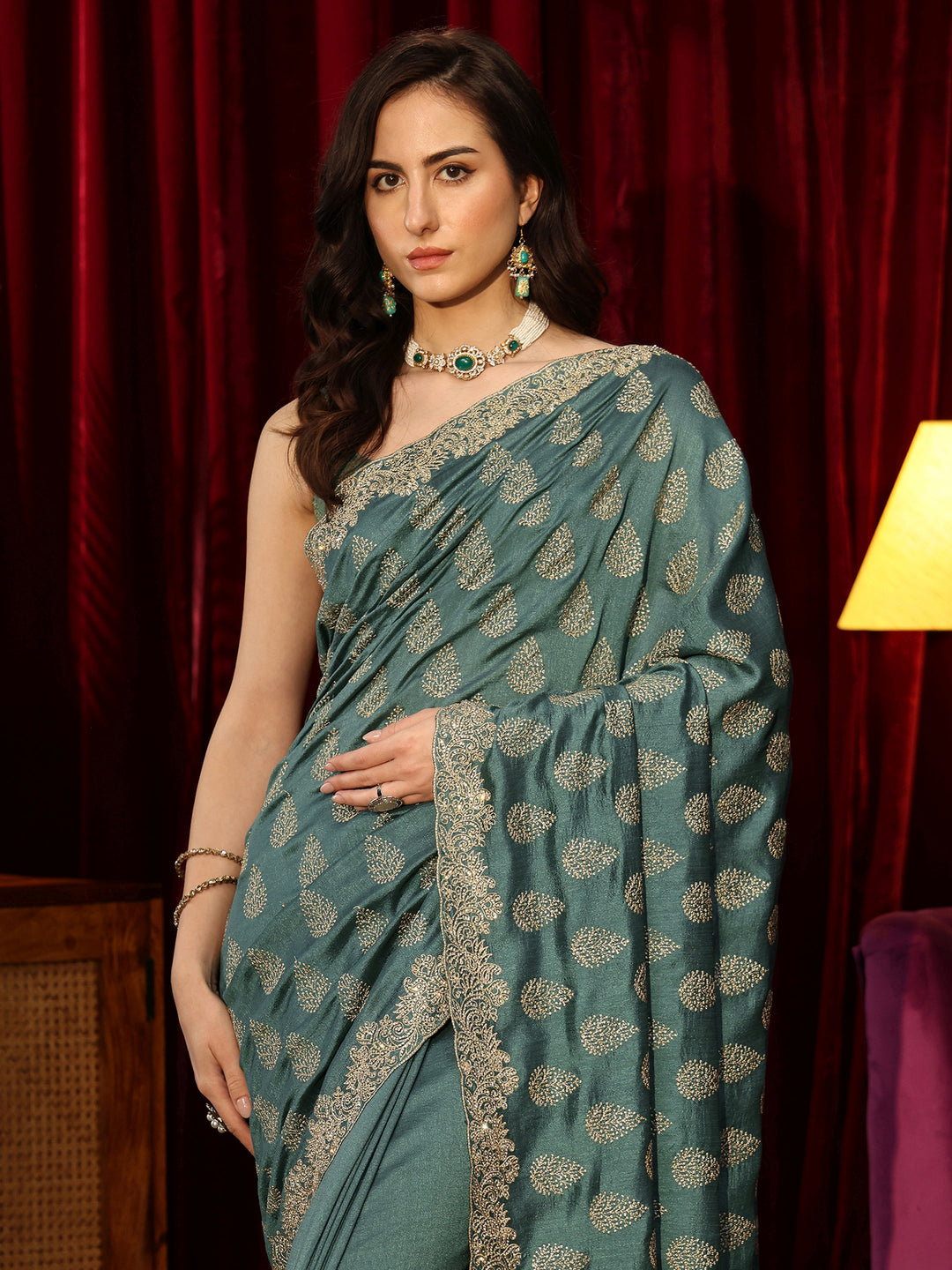  Teal Green Floral Embroidered Silk Blend Saree 