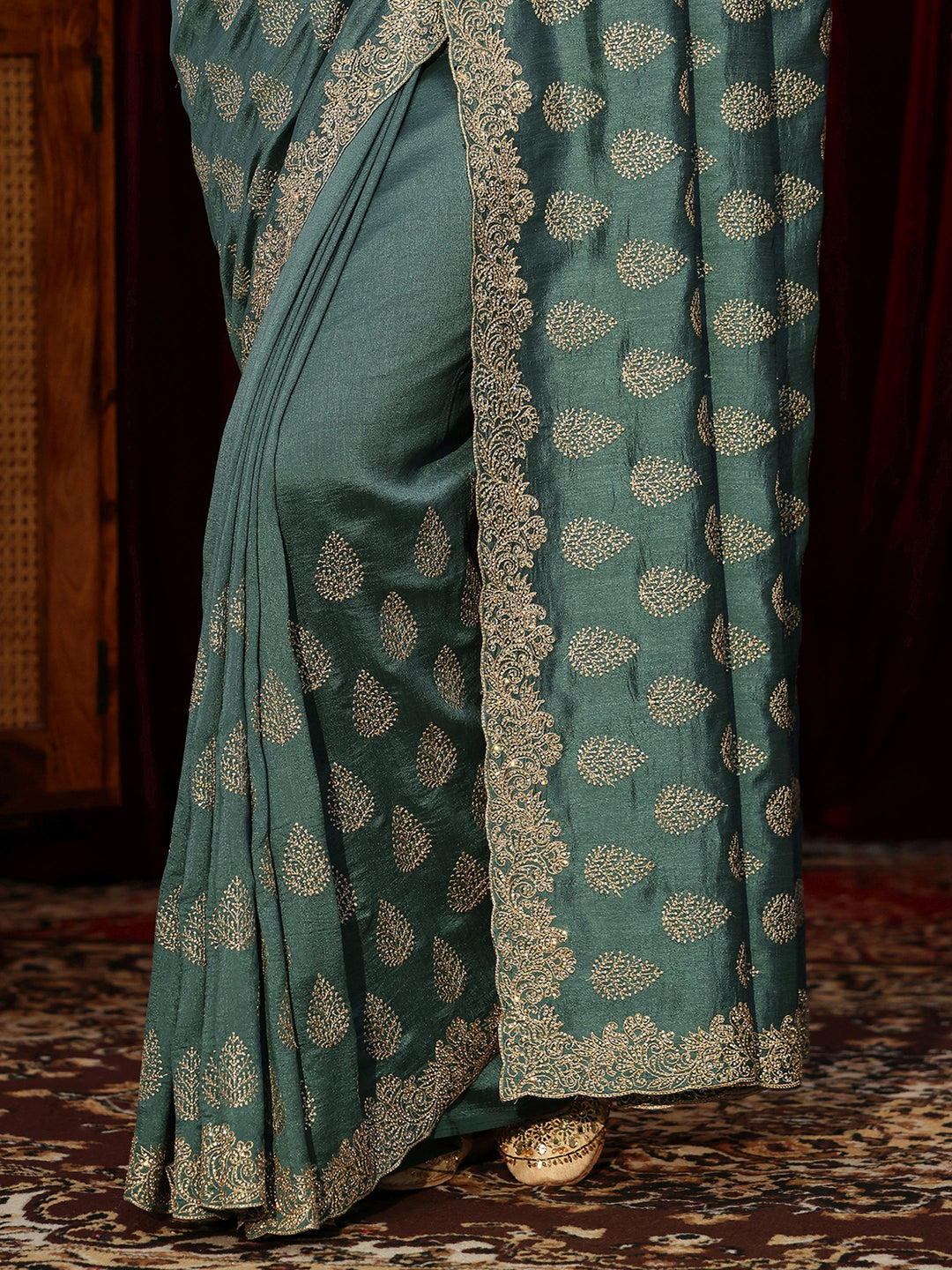  Teal Green Floral Embroidered Silk Blend Saree 