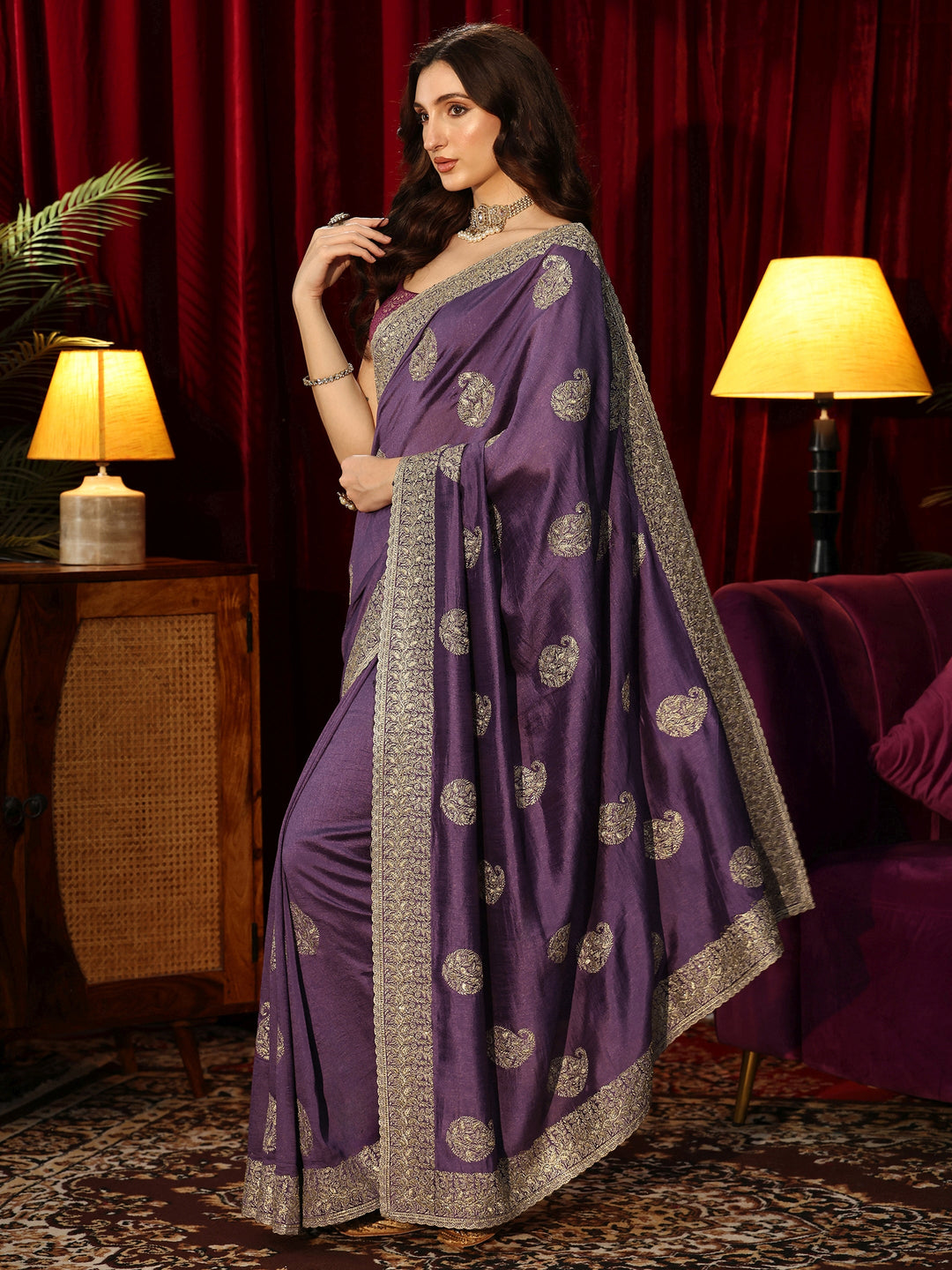  Dark Purple Embroidered Silk Blend Saree 