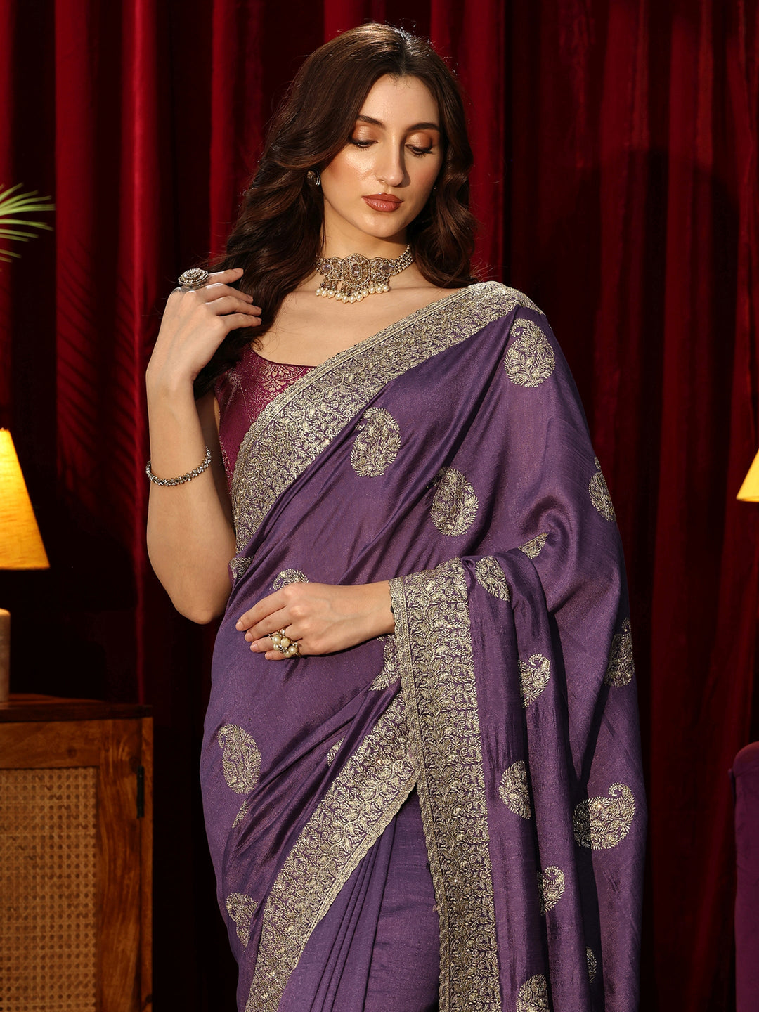  Dark Purple Embroidered Silk Blend Saree 