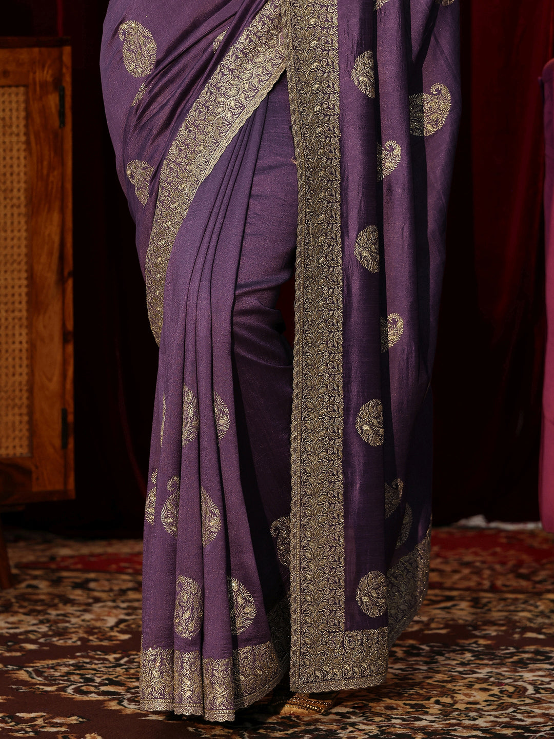  Dark Purple Embroidered Silk Blend Saree 
