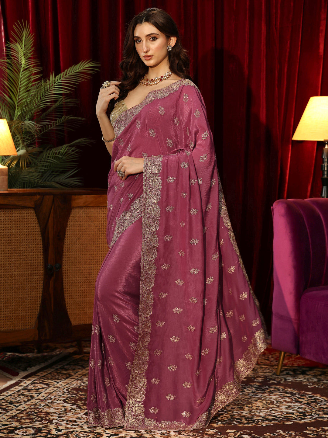  Mauve Floral Embroidered Satin Saree 