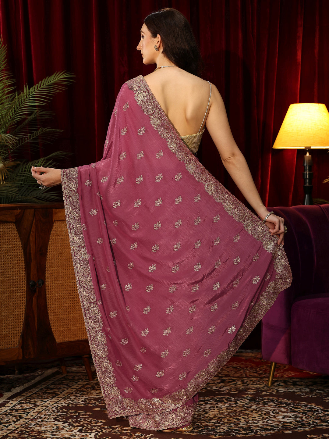  Mauve Floral Embroidered Satin Saree 