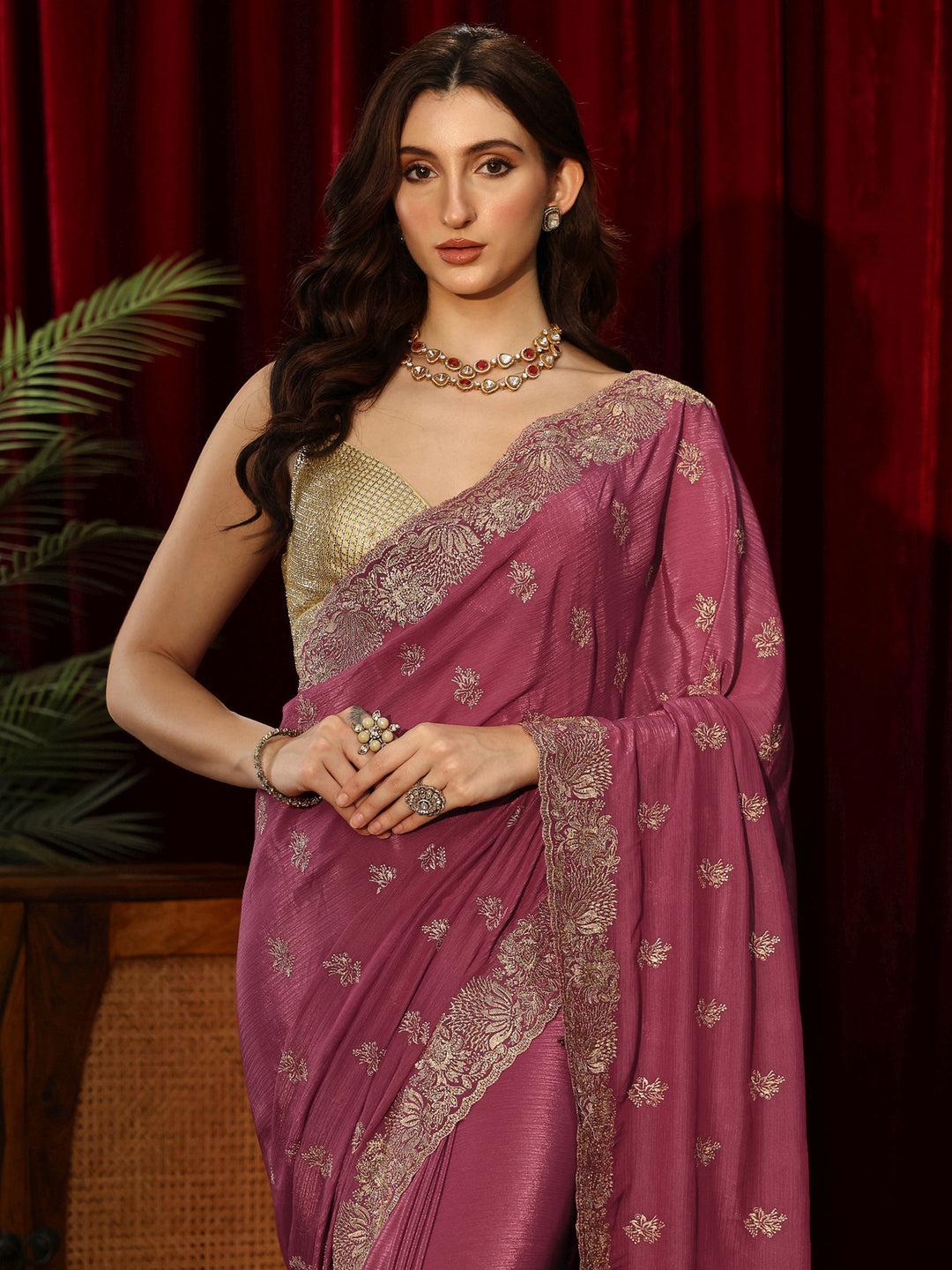  Mauve Floral Embroidered Satin Saree 