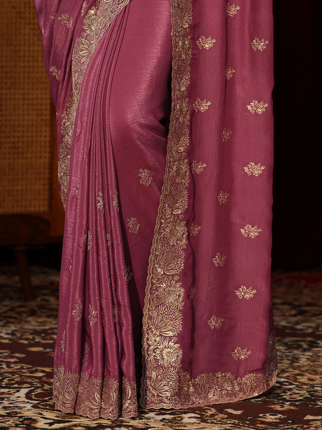  Mauve Floral Embroidered Satin Saree 