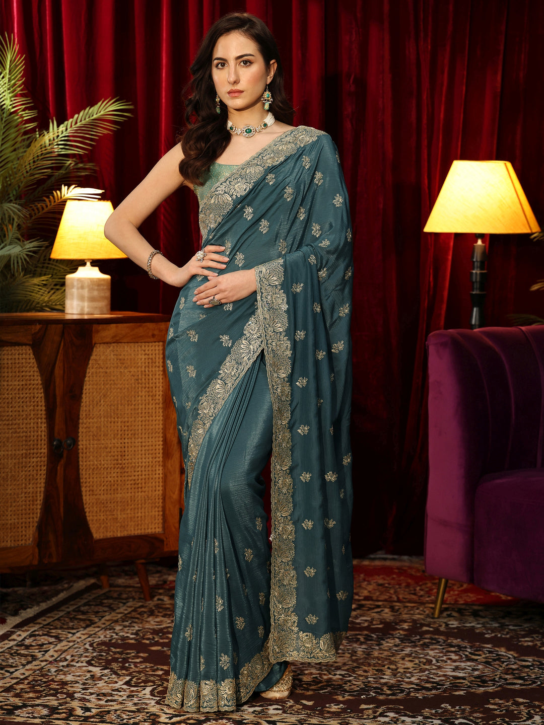  Teal Green Floral Embroidered Satin Saree 