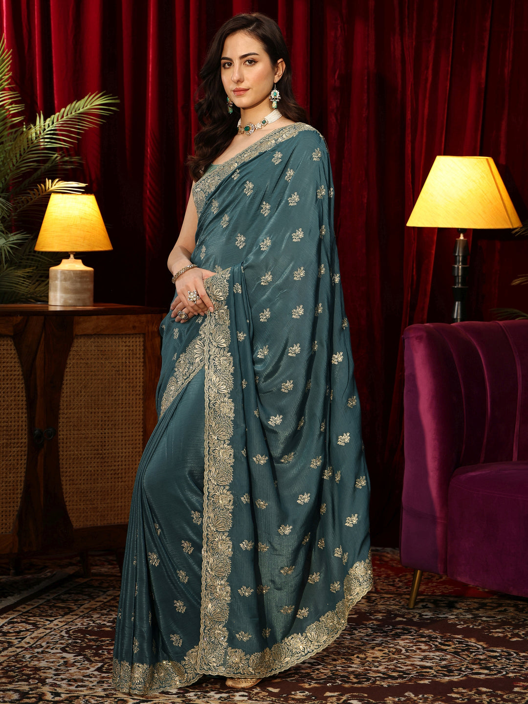  Teal Green Floral Embroidered Satin Saree 
