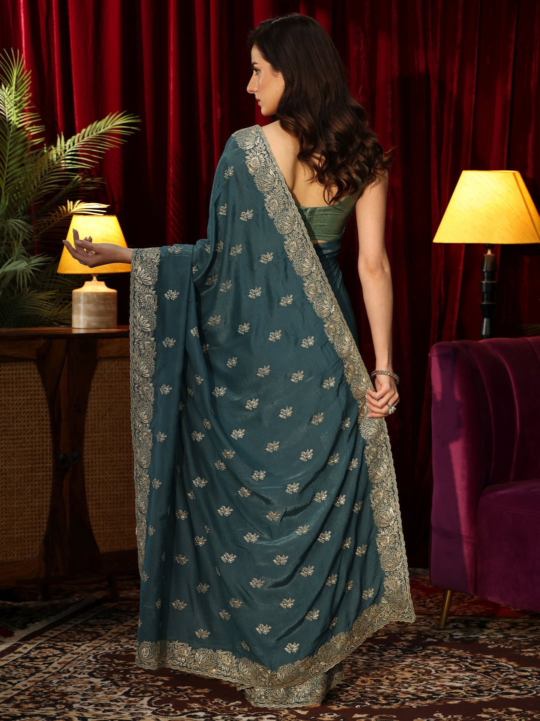  Teal Green Floral Embroidered Satin Saree 
