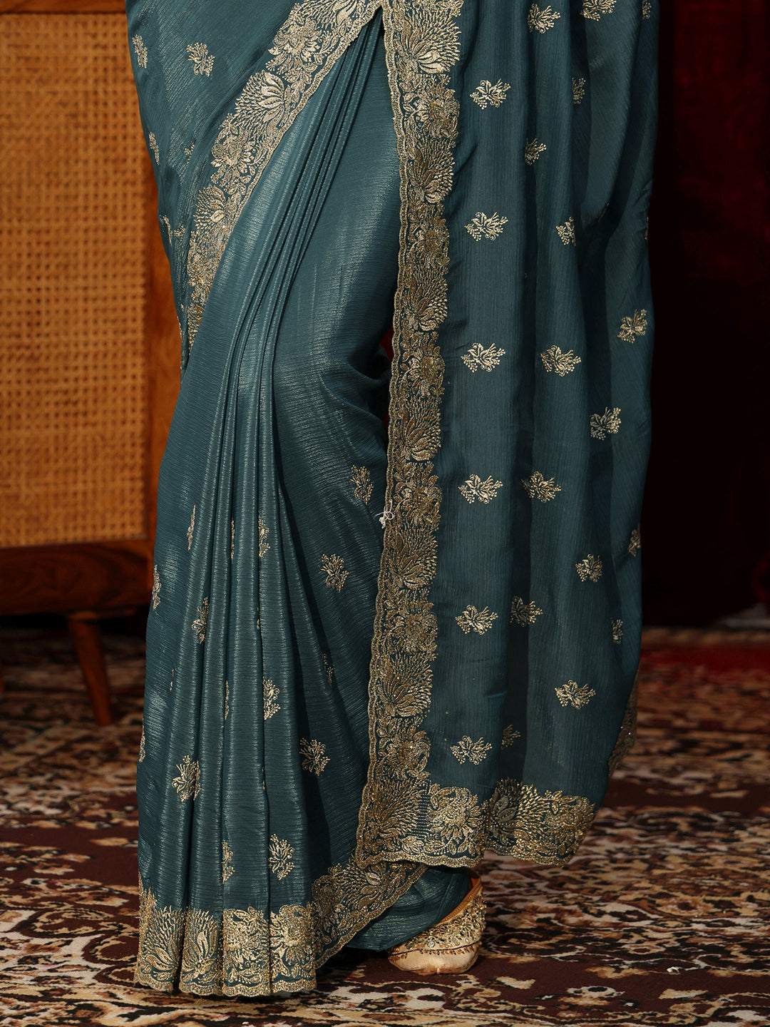  Teal Green Floral Embroidered Satin Saree 