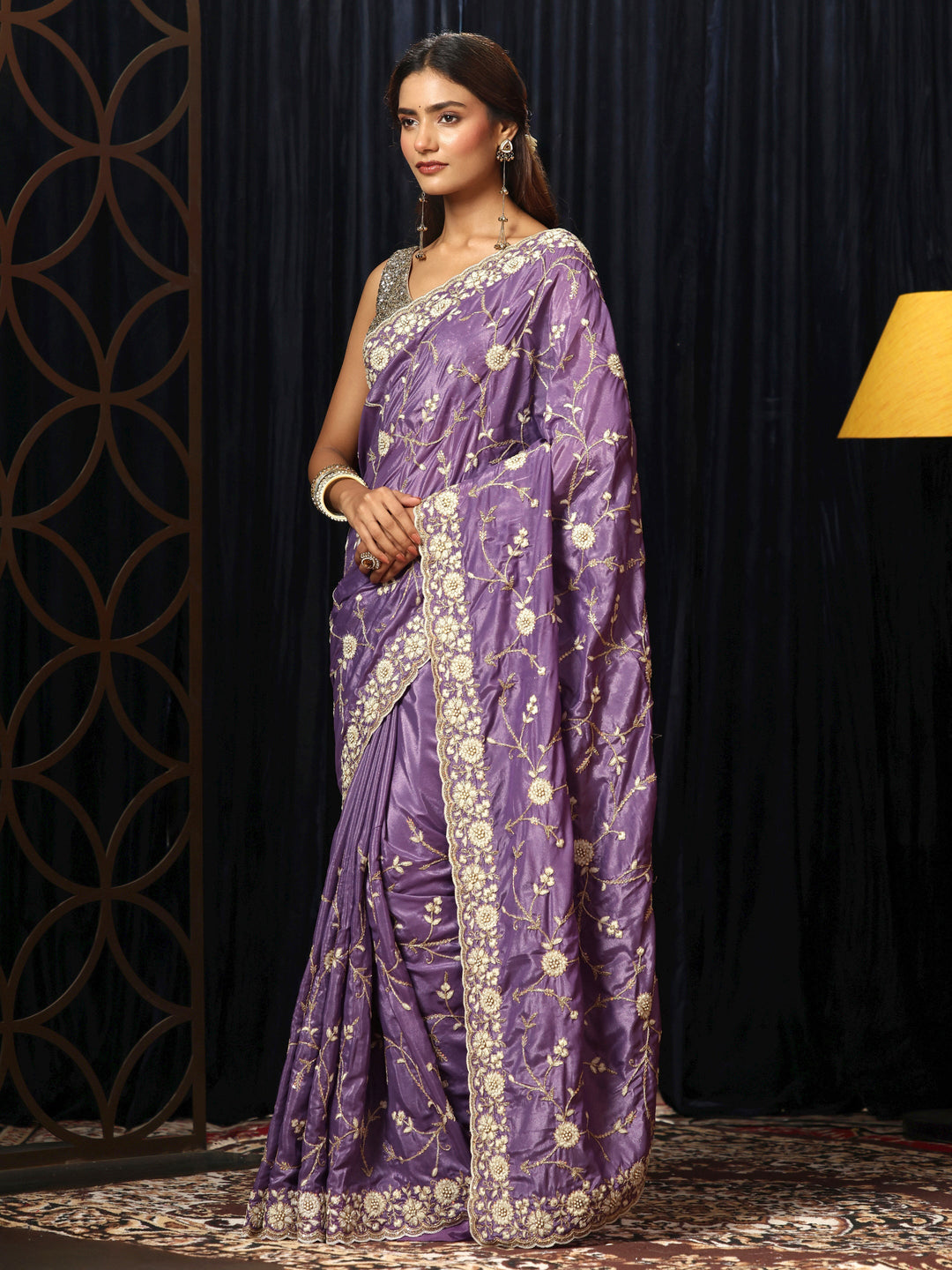  Amethyst Purple Floral Embroidered Satin Saree 