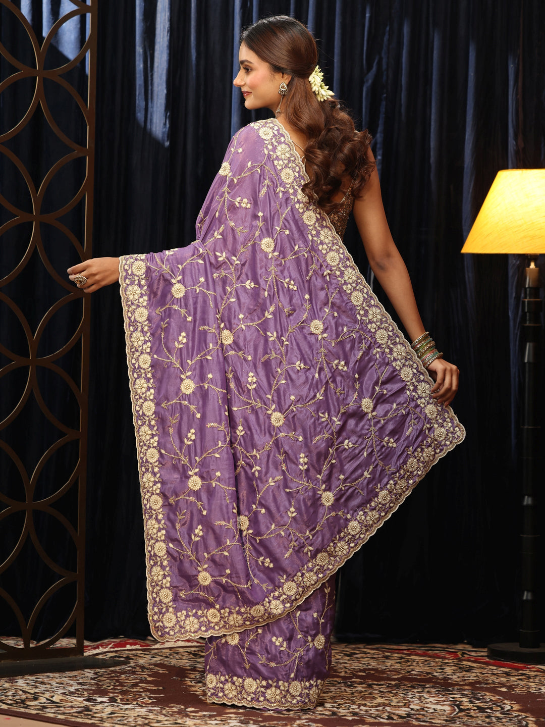  Amethyst Purple Floral Embroidered Satin Saree 