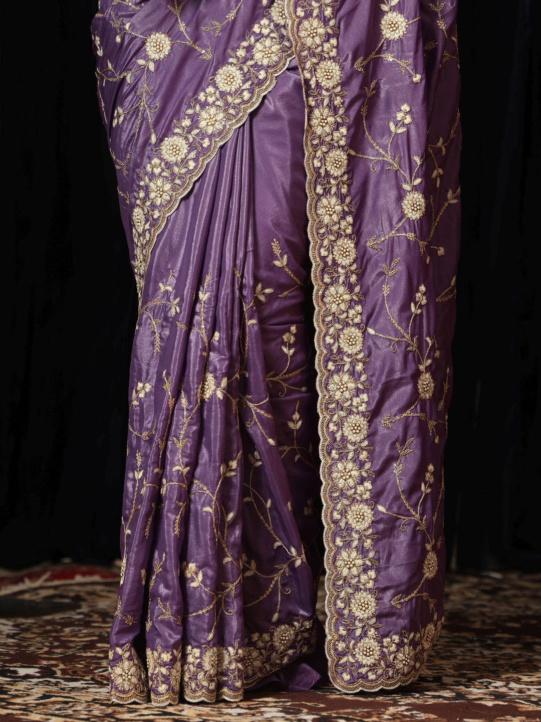 Amethyst Purple Floral Embroidered Satin Saree 