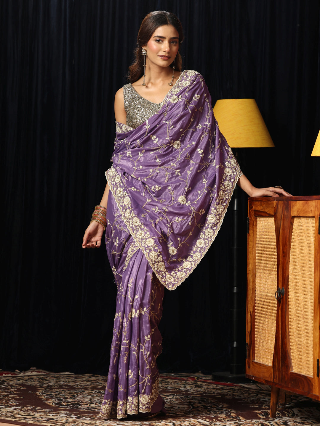  Amethyst Purple Floral Embroidered Satin Saree 