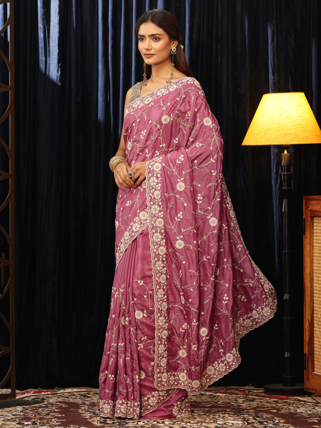  Mauve Floral Embroidered Satin Saree 