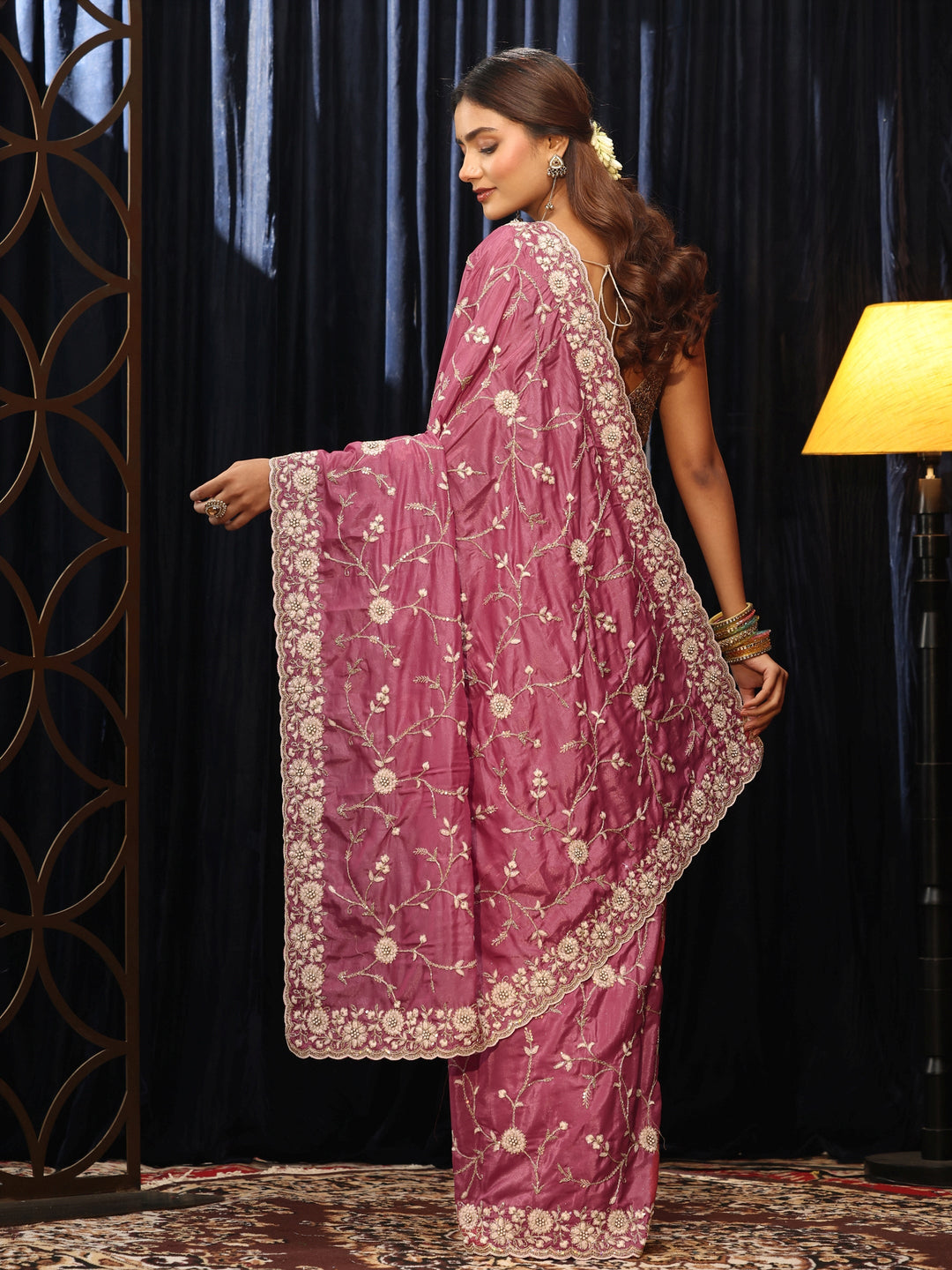  Mauve Floral Embroidered Satin Saree 