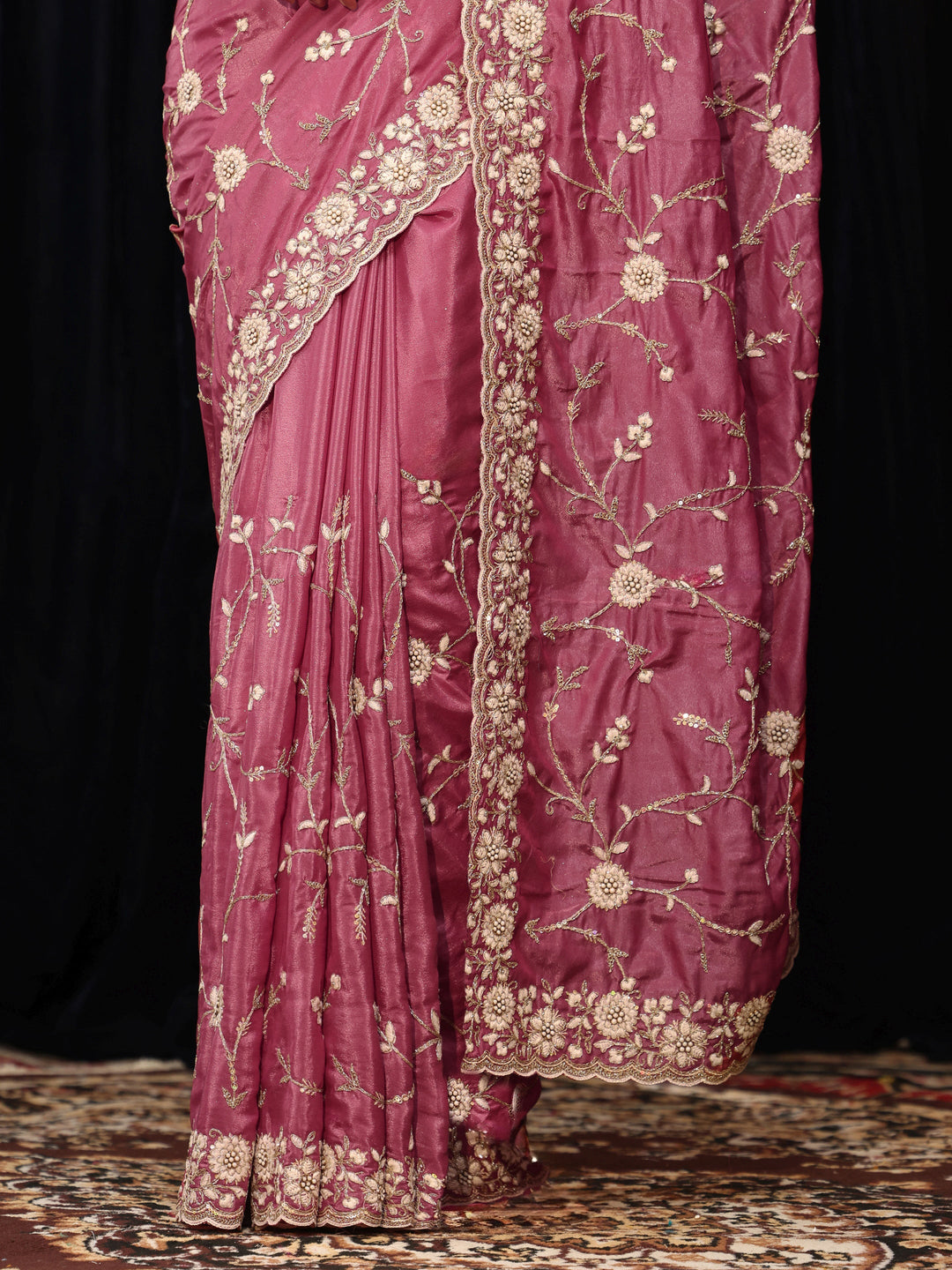  Mauve Floral Embroidered Satin Saree 