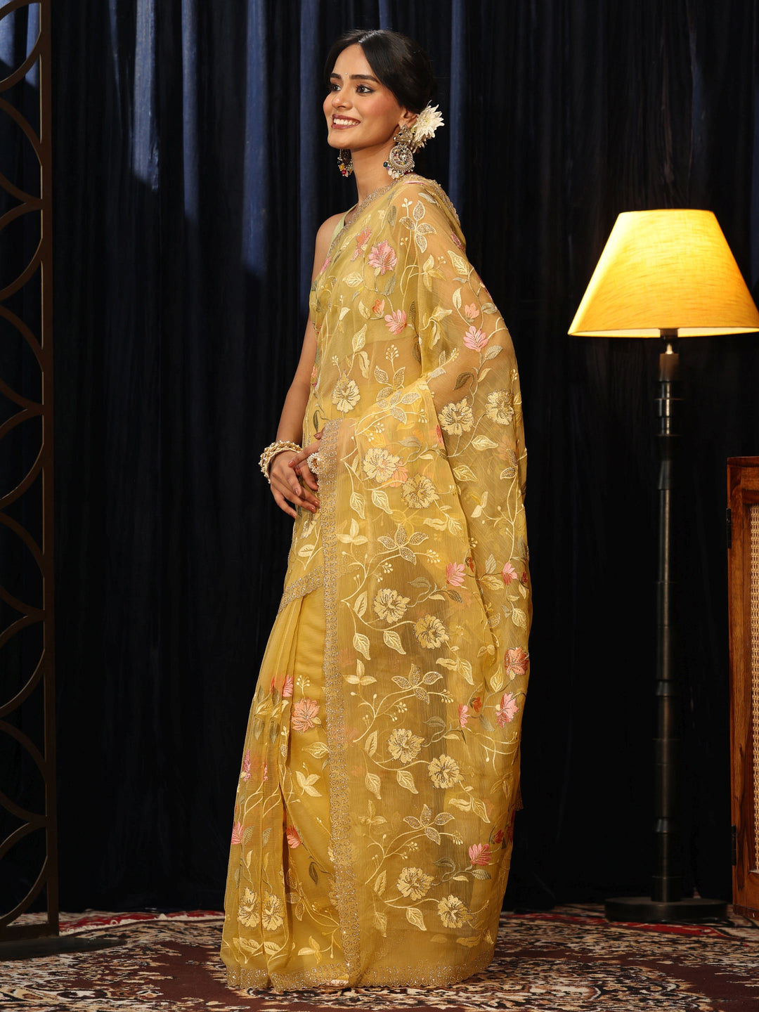  Yellow Floral Embroidered Chiffon Saree 
