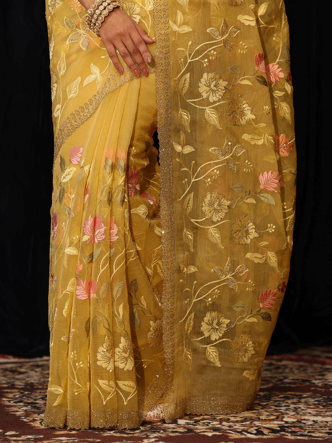  Yellow Floral Embroidered Chiffon Saree 