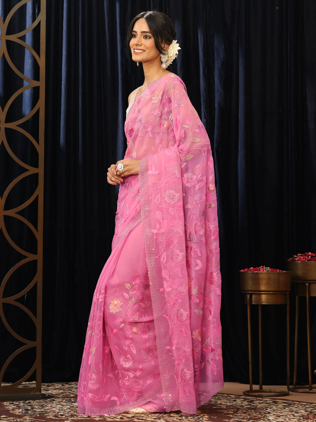  Rose Pink Floral Embroidered Chiffon Saree 