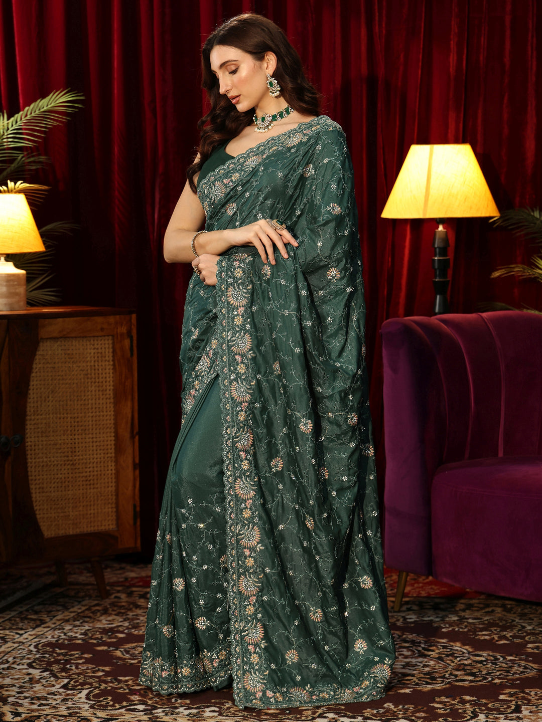  Libas Art Sacramento Green Floral Embroidered Satin Saree 