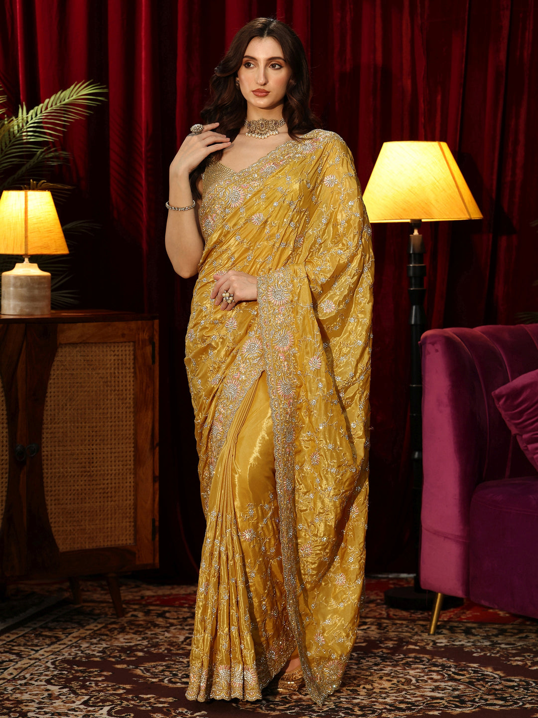  Libas Art Mustard Floral Embroidered Satin Saree 