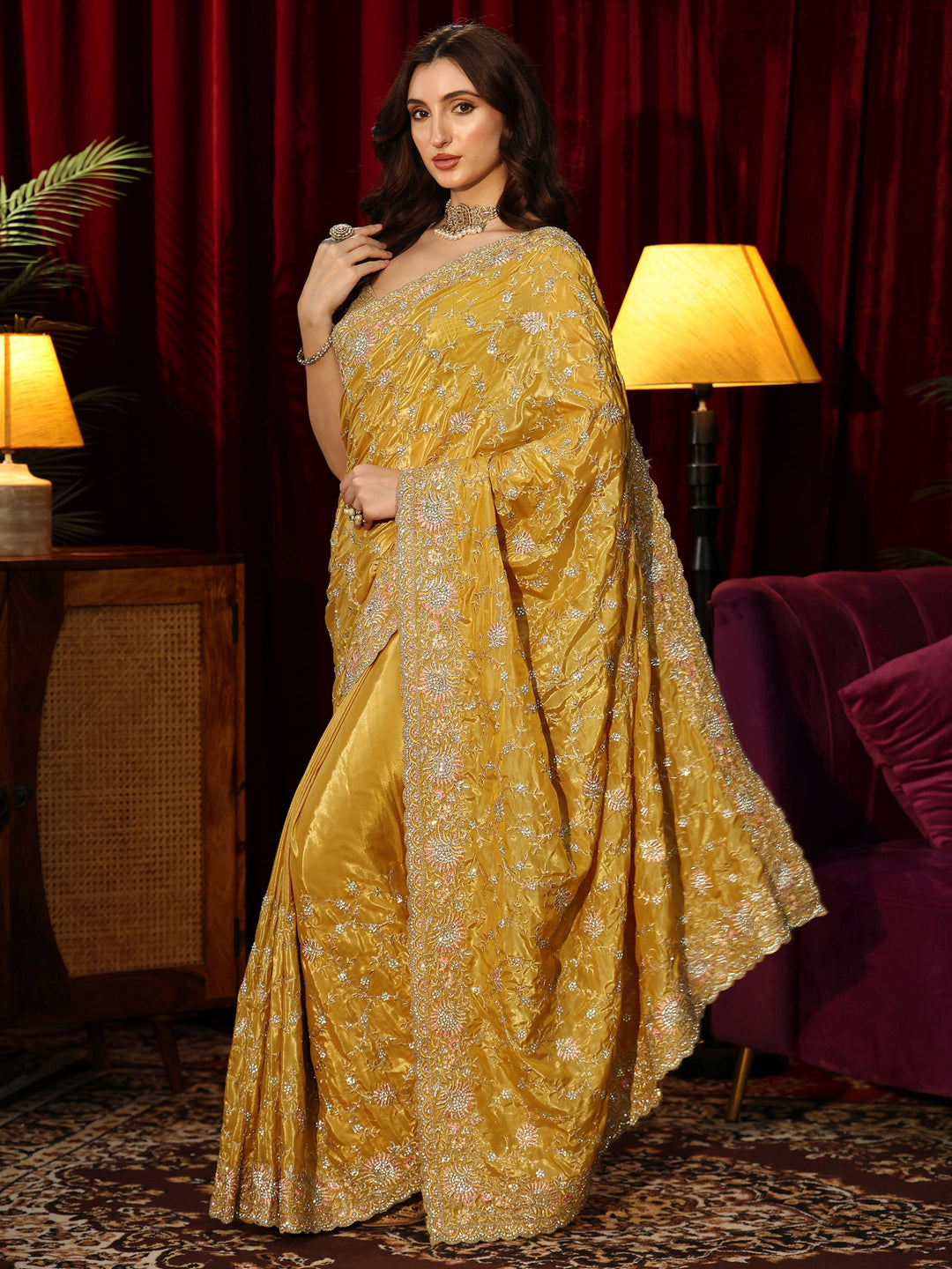  Libas Art Mustard Floral Embroidered Satin Saree 