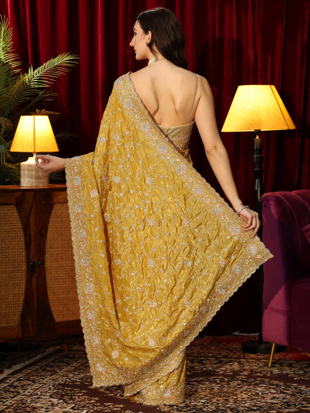  Libas Art Mustard Floral Embroidered Satin Saree 