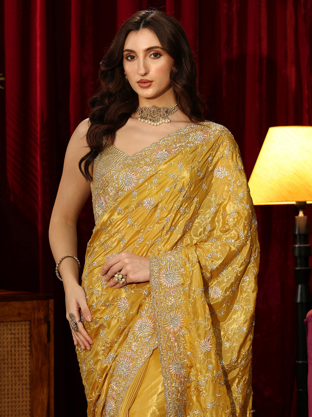  Libas Art Mustard Floral Embroidered Satin Saree 
