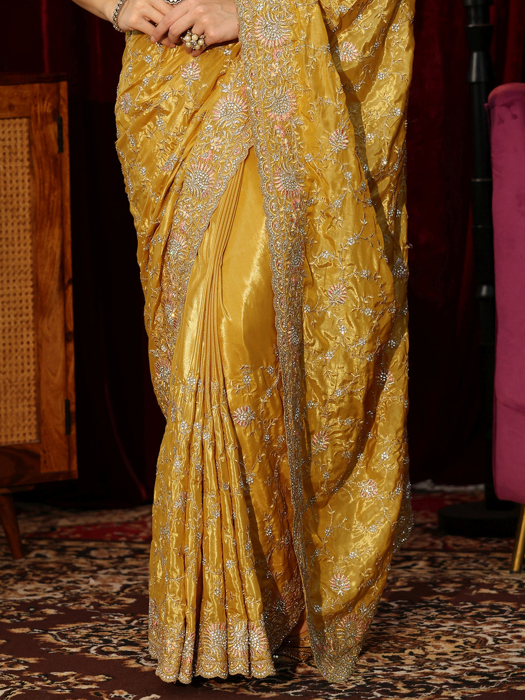  Libas Art Mustard Floral Embroidered Satin Saree 