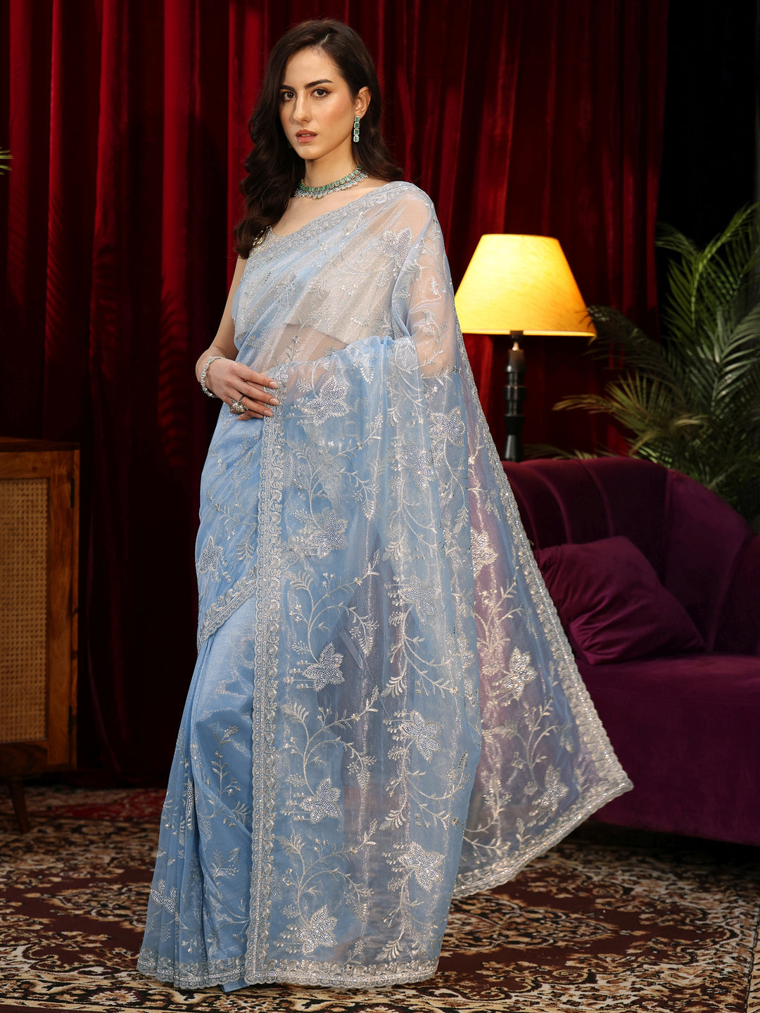  Blue Floral Net Saree 