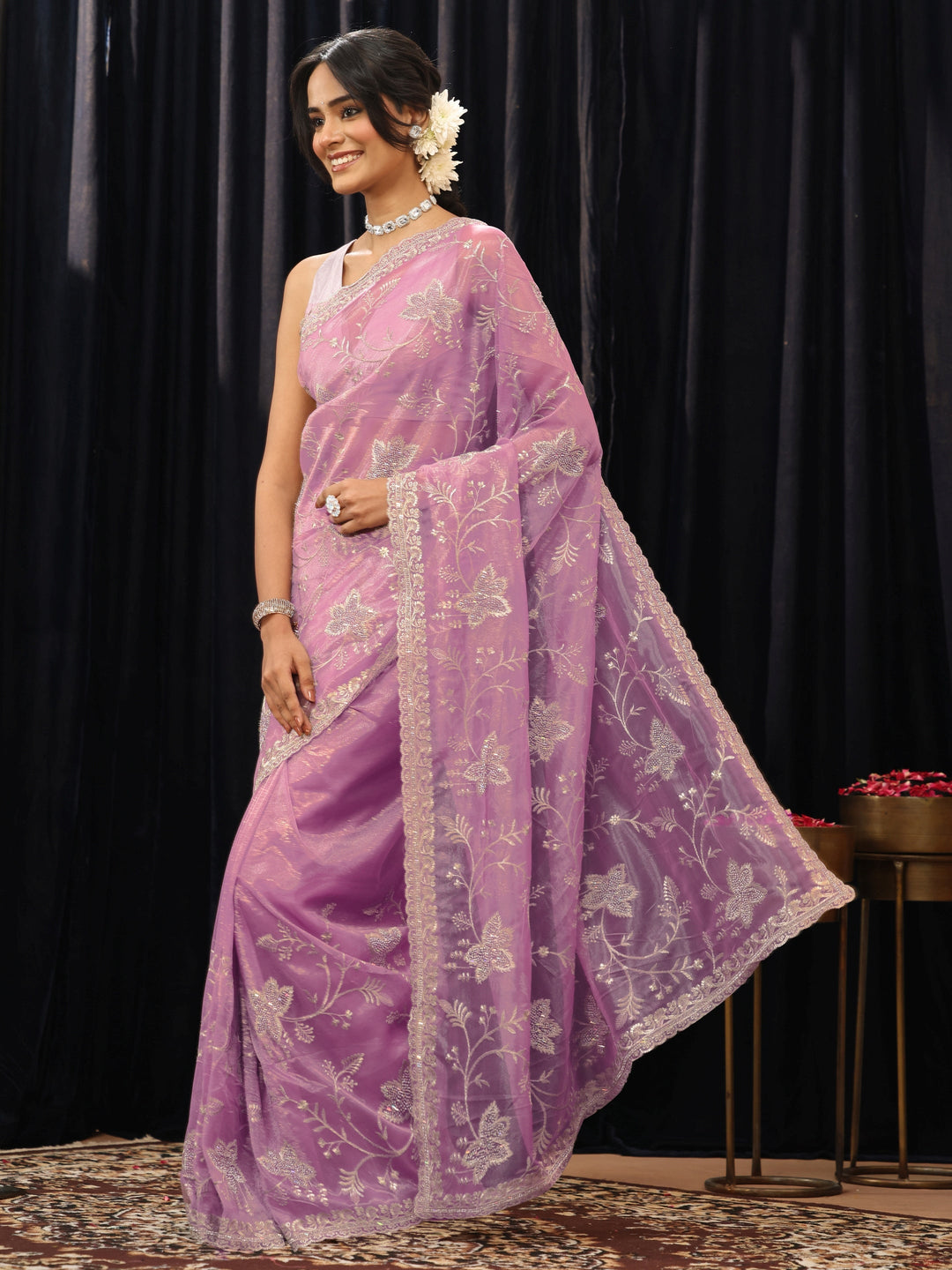  Lavender Floral Embellished Net Saree 