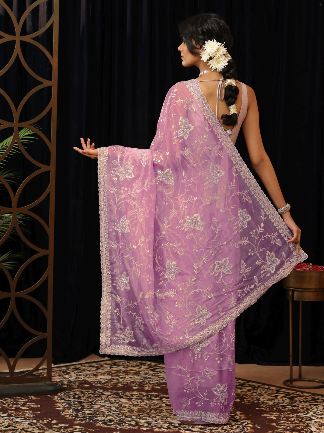  Lavender Floral Embellished Net Saree 