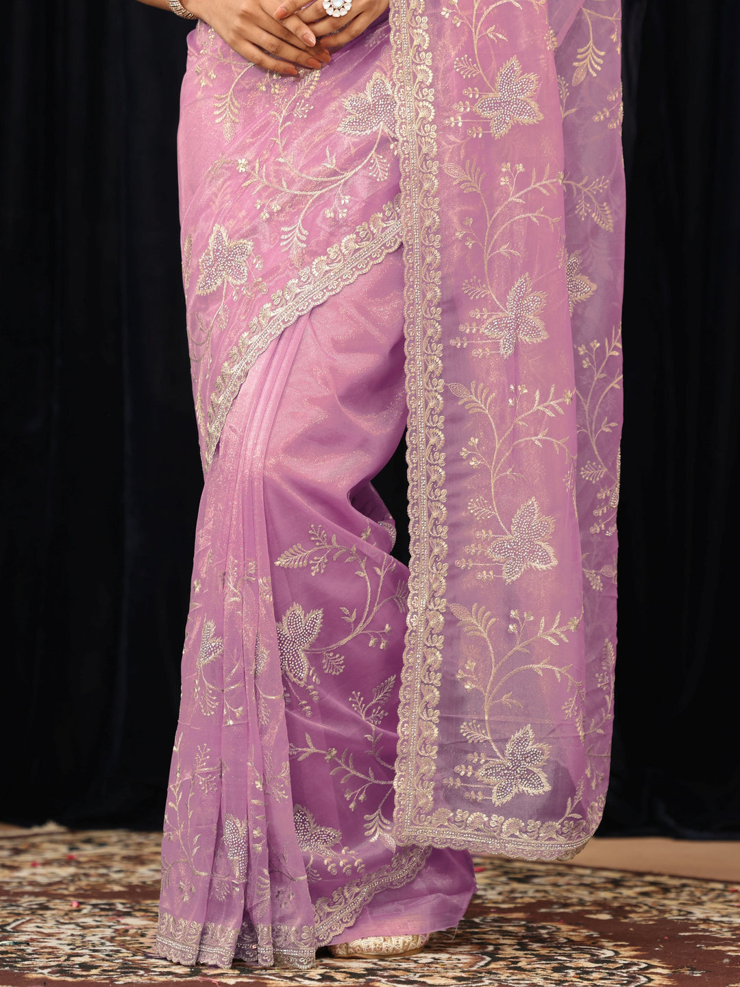  Lavender Floral Embellished Net Saree 
