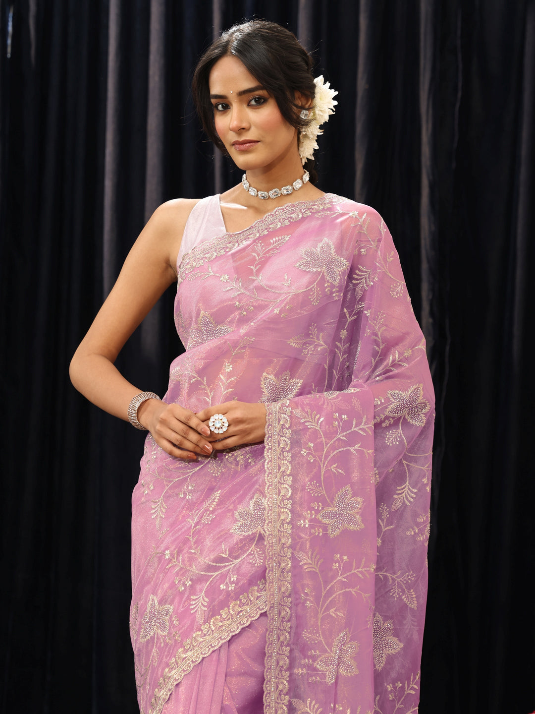  Lavender Floral Embellished Net Saree 