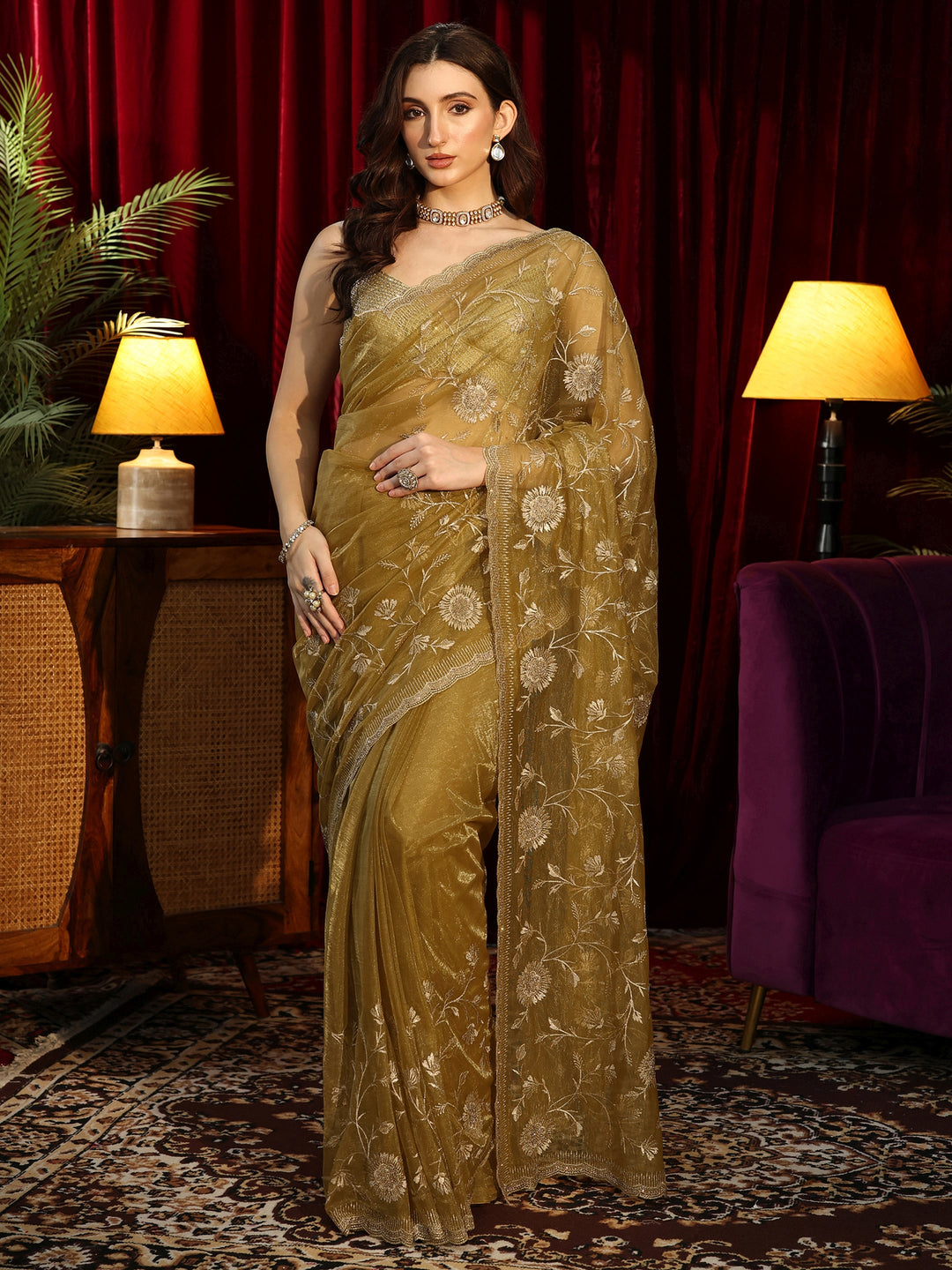  Dark Mustard Floral Embroidered Net Saree 